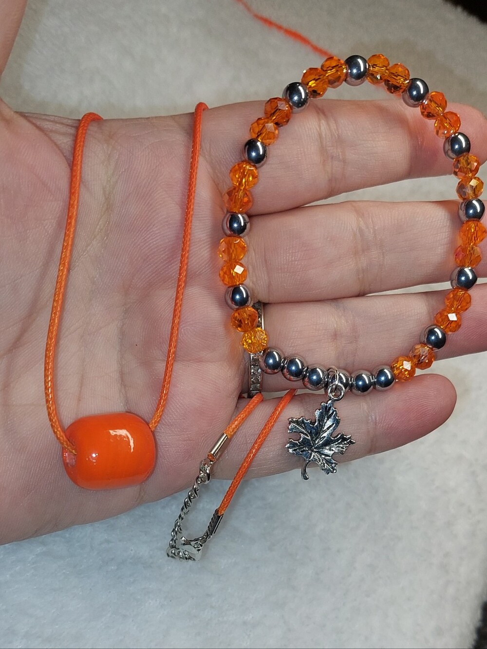 Orange Glass Bead Necklace and Bracelet Set with Leaf Charm